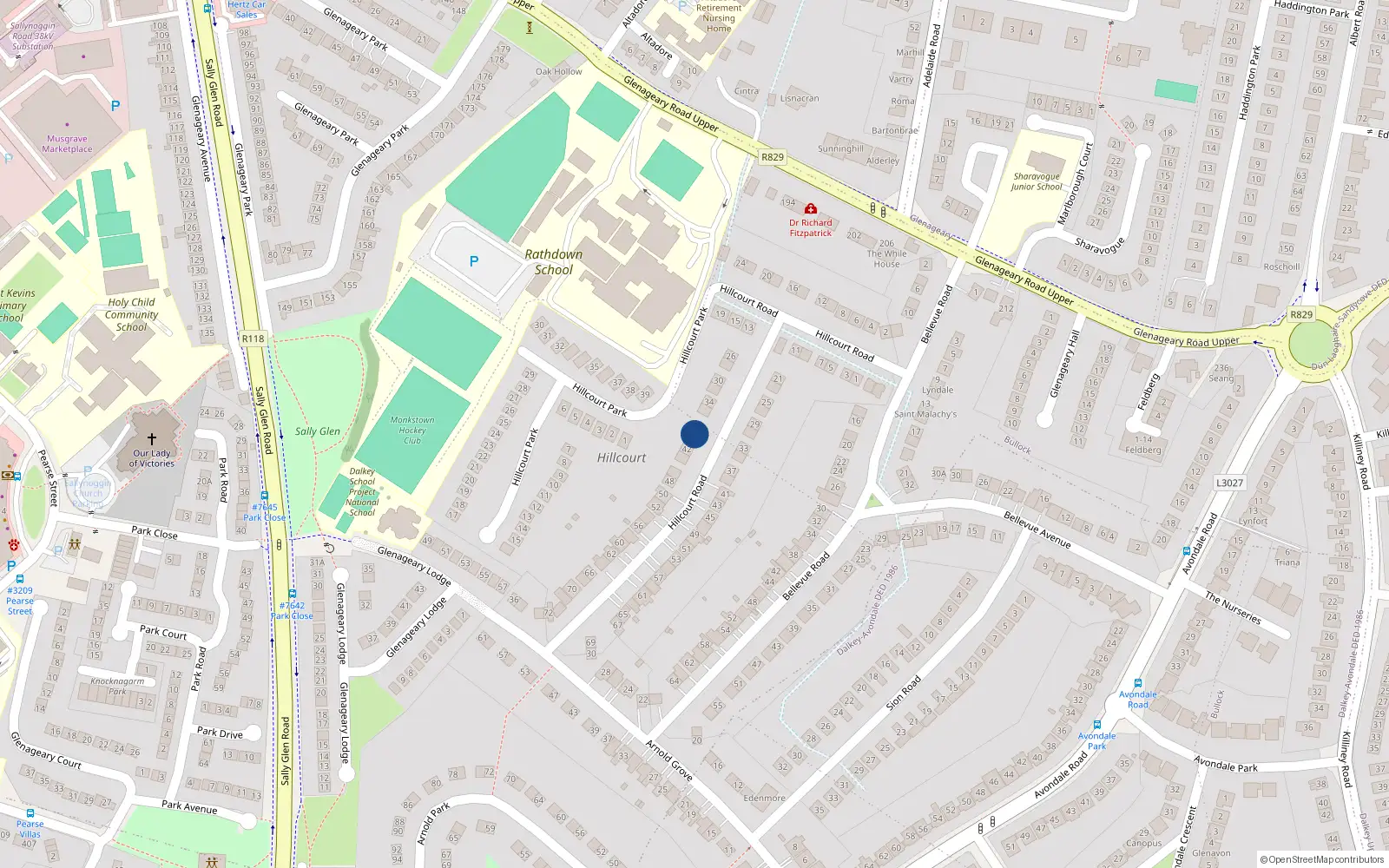 Overhead map showing the location of 40 Hillcourt Road, Dublin
