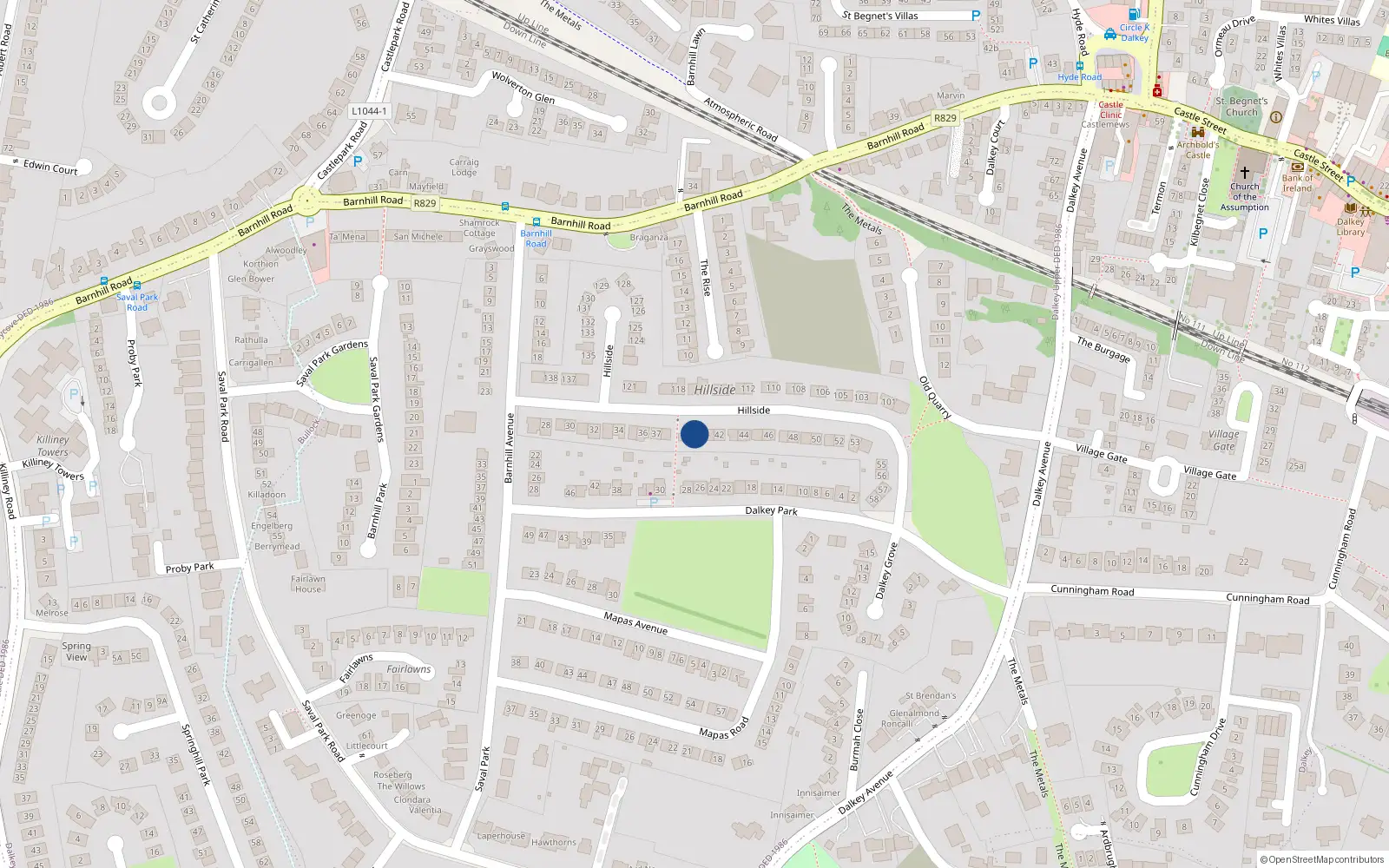 Overhead map showing the location of 40 Hillside, Dalkey, Co.dublin