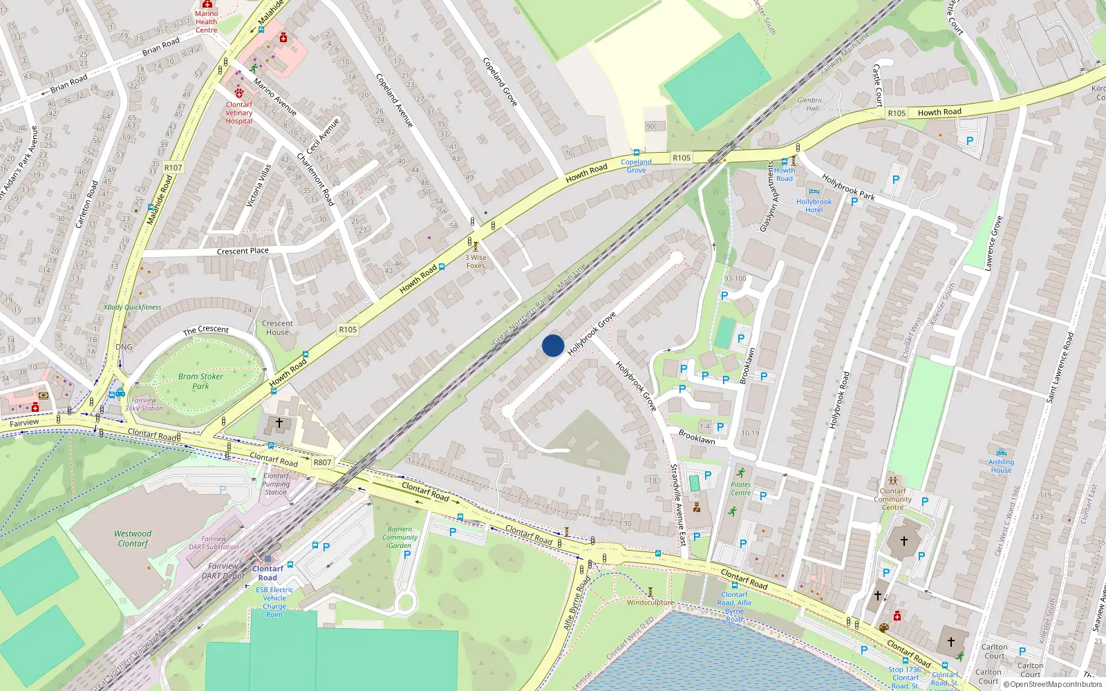 Overhead map showing the location of 40 Hollybrook Grove, Dublin 3