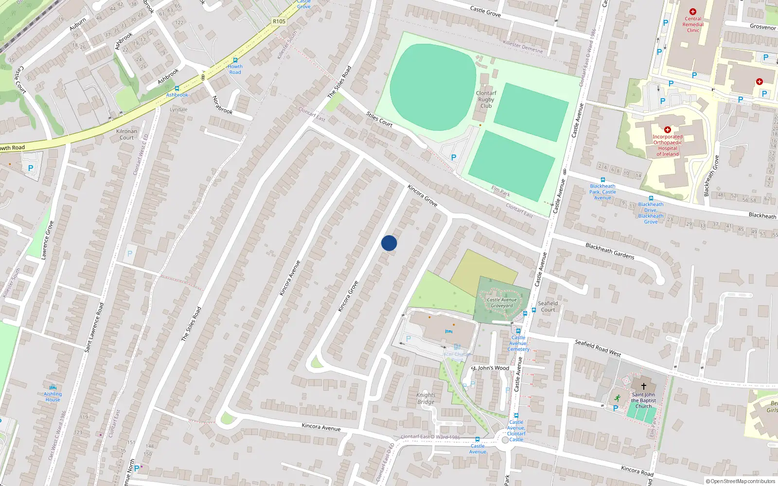 Overhead map showing the location of 40 Kincora Drive, Clontarf, Dublin 3