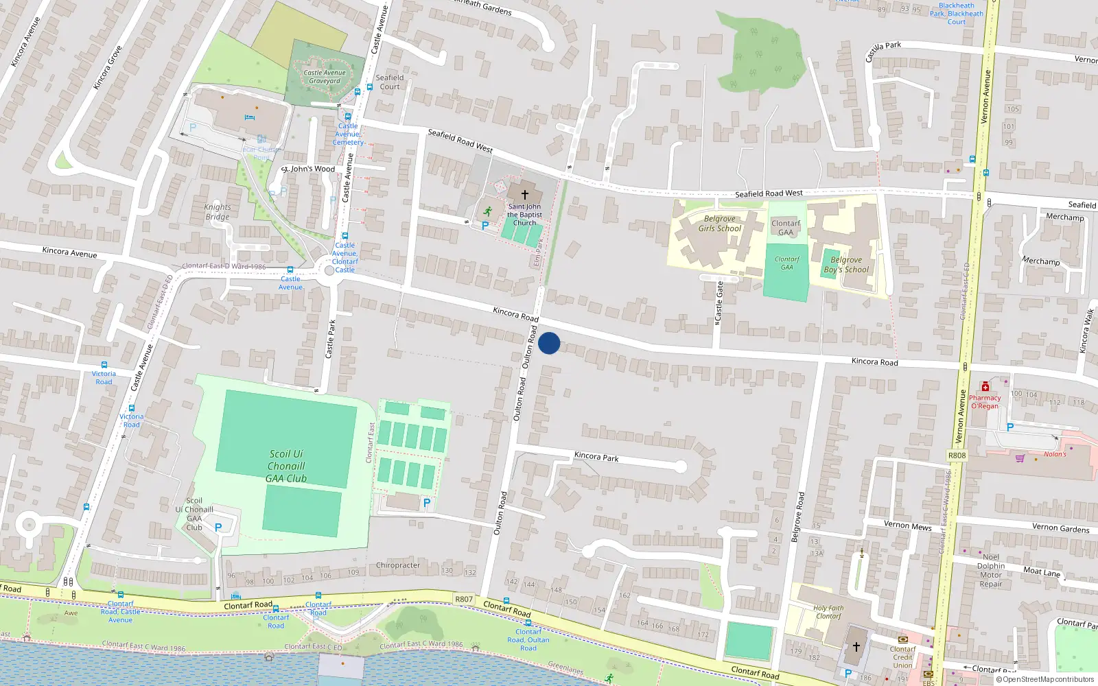 Overhead map showing the location of 40 Kincora Road, Clontarf, Dublin 3