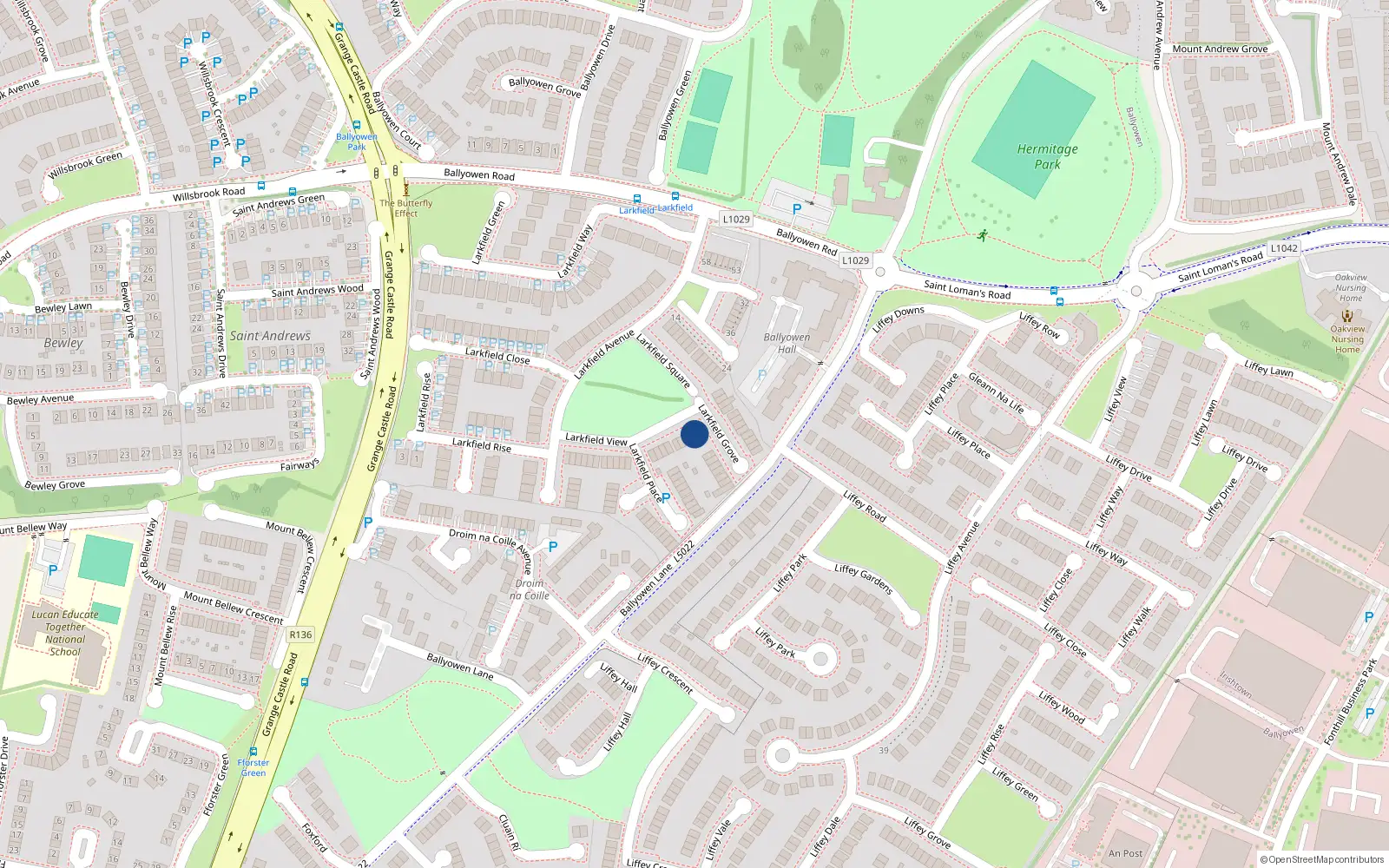 Overhead map showing the location of 40 Larkfield View, Lucan