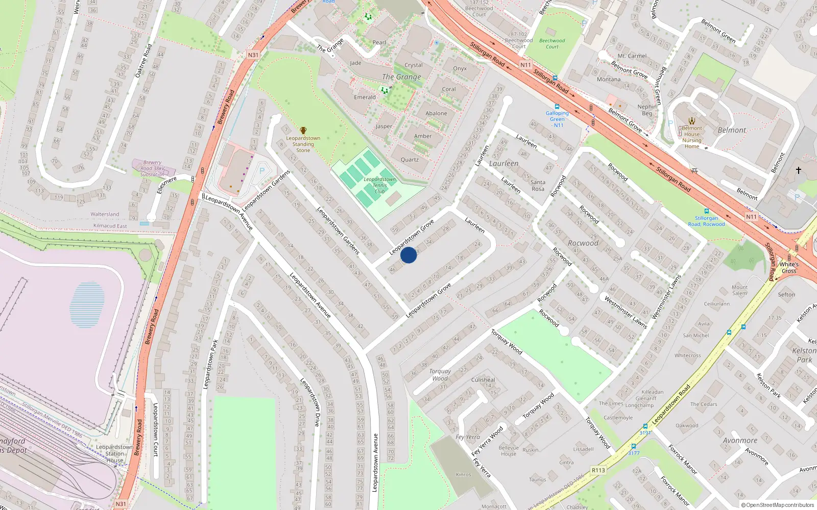 Overhead map showing the location of 40 Leopardstown Grove, Co. Dublin