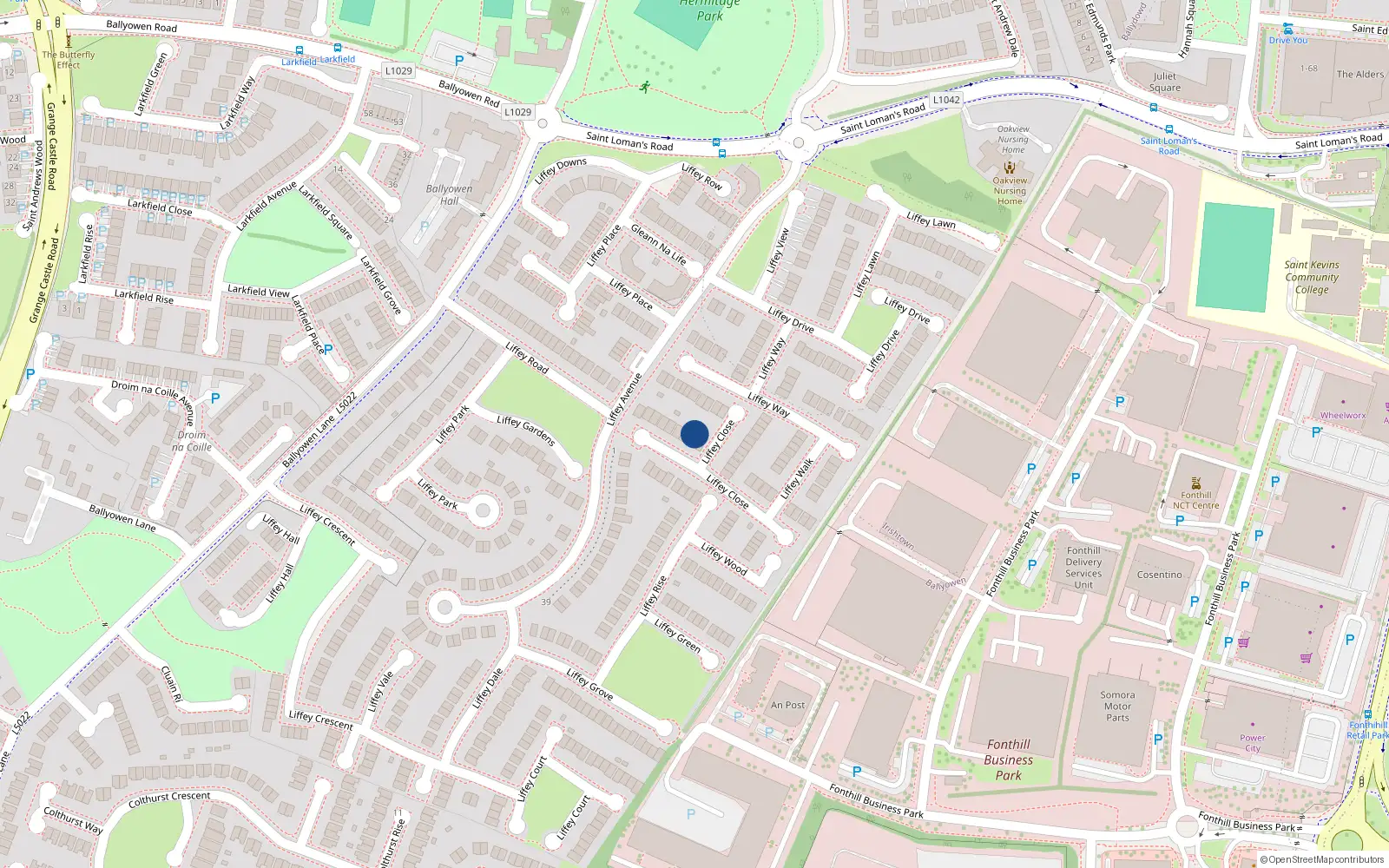 Overhead map showing the location of 40 Liffey Close, Lucan