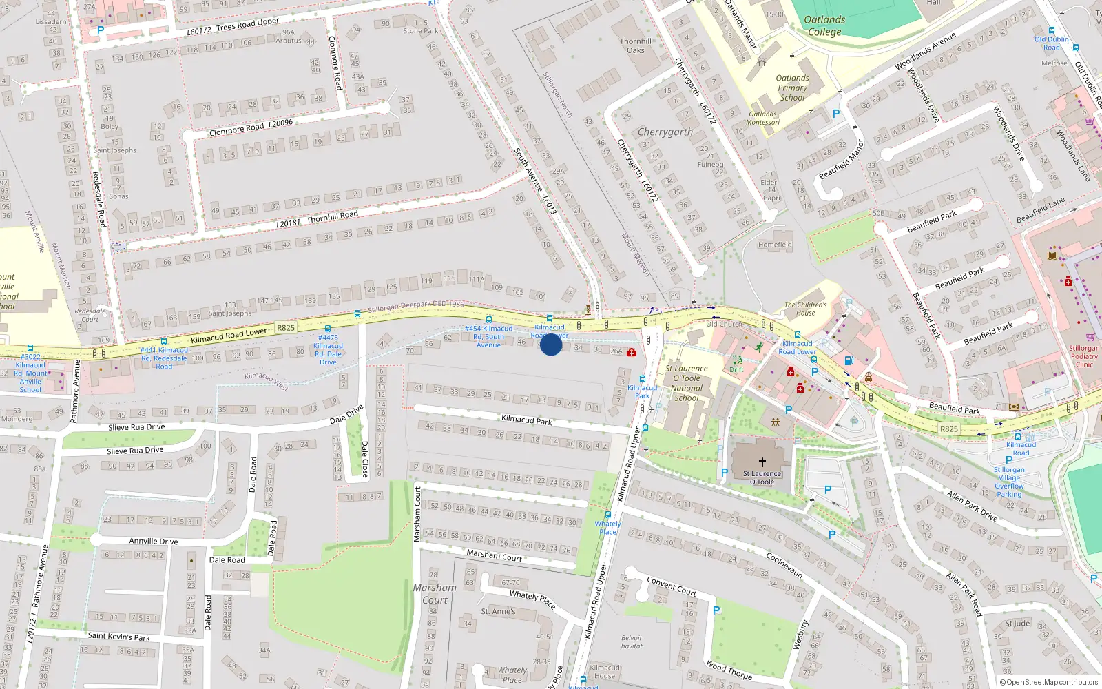 Overhead map showing the location of 40 Lower Kilmacud Road, Dublin