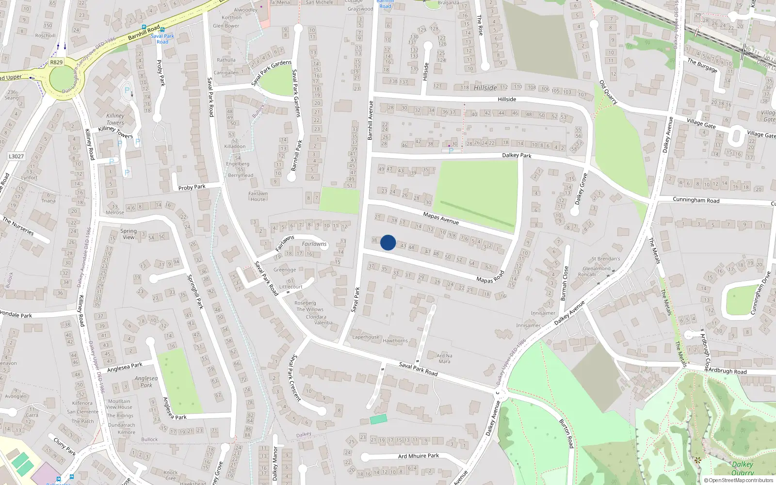 Overhead map showing the location of 40 Mapas Road, Dalkey, Dublin