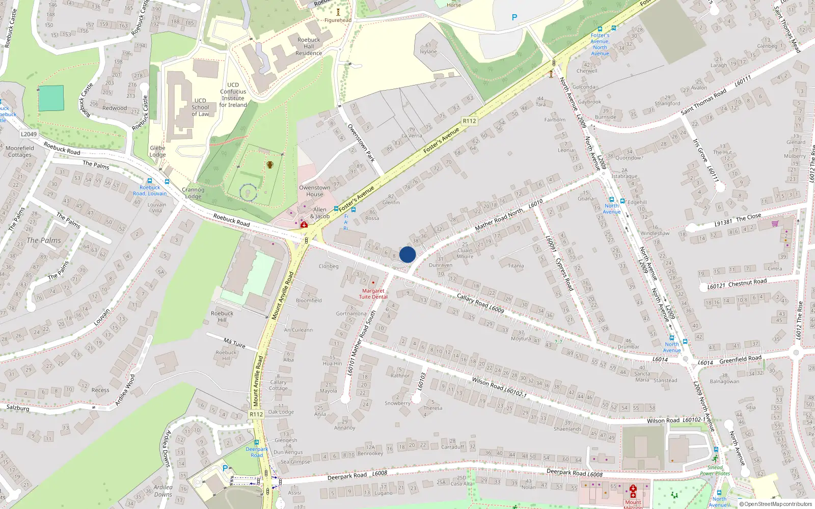 Overhead map showing the location of 40 Mather Road North, Mount Merrion, Dublin