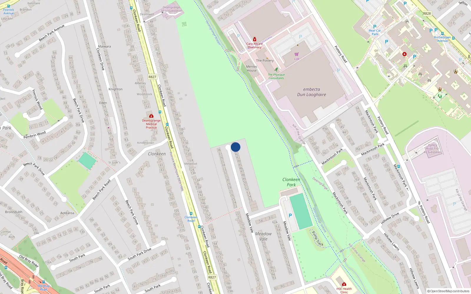 Overhead map showing the location of 40 Meadow Vale, Blackrock