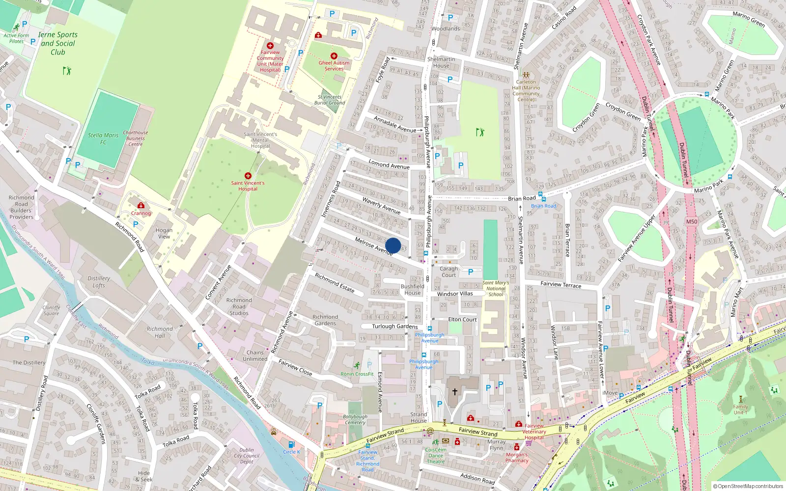 Overhead map showing the location of 40 Melrose Avenue, Fairview, Dublin 3