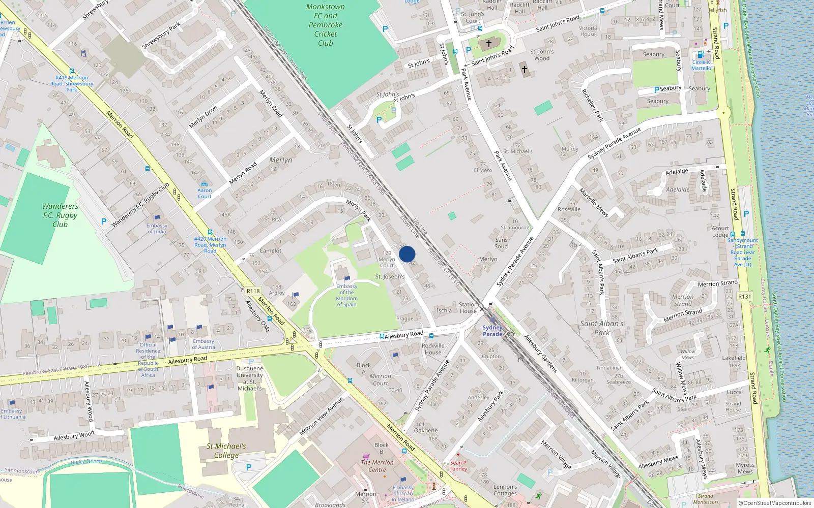 Overhead map showing the location of 40 Merlyn Park, Ballsbridge