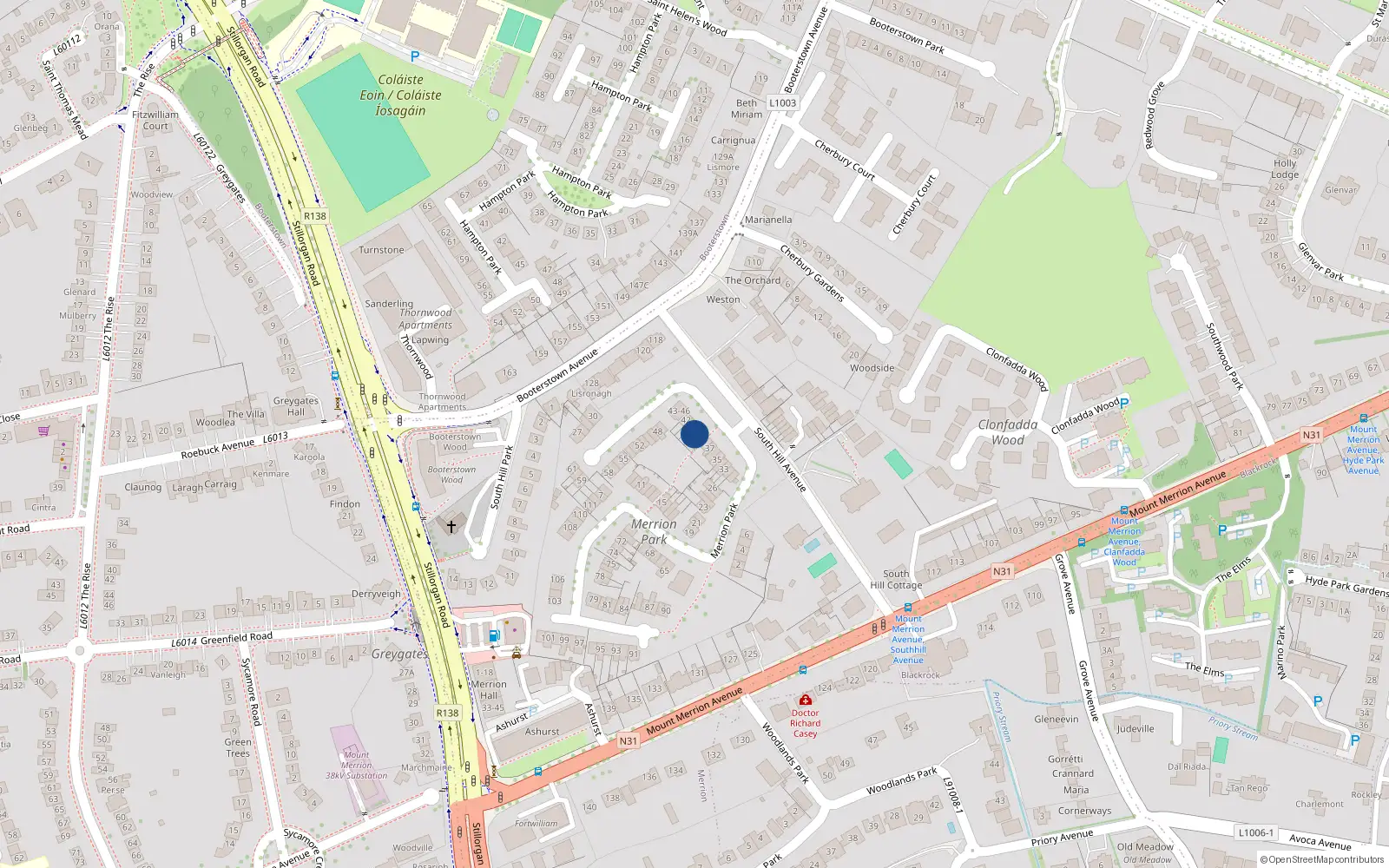 Overhead map showing the location of 40 Merrion Park, Blackrock