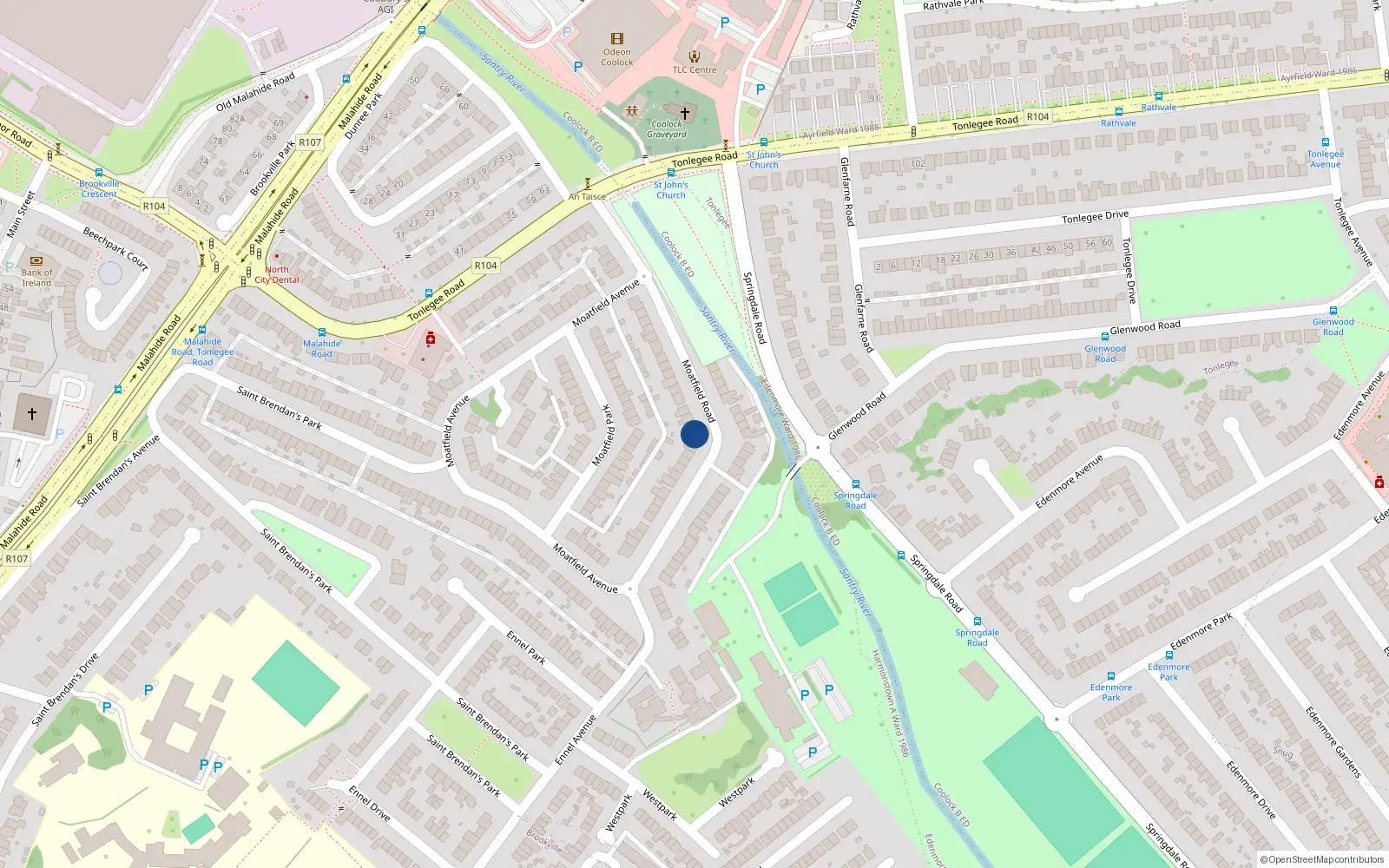 Overhead map showing the location of 40 Moatefield Road, St Brendan's Estate, Coolock