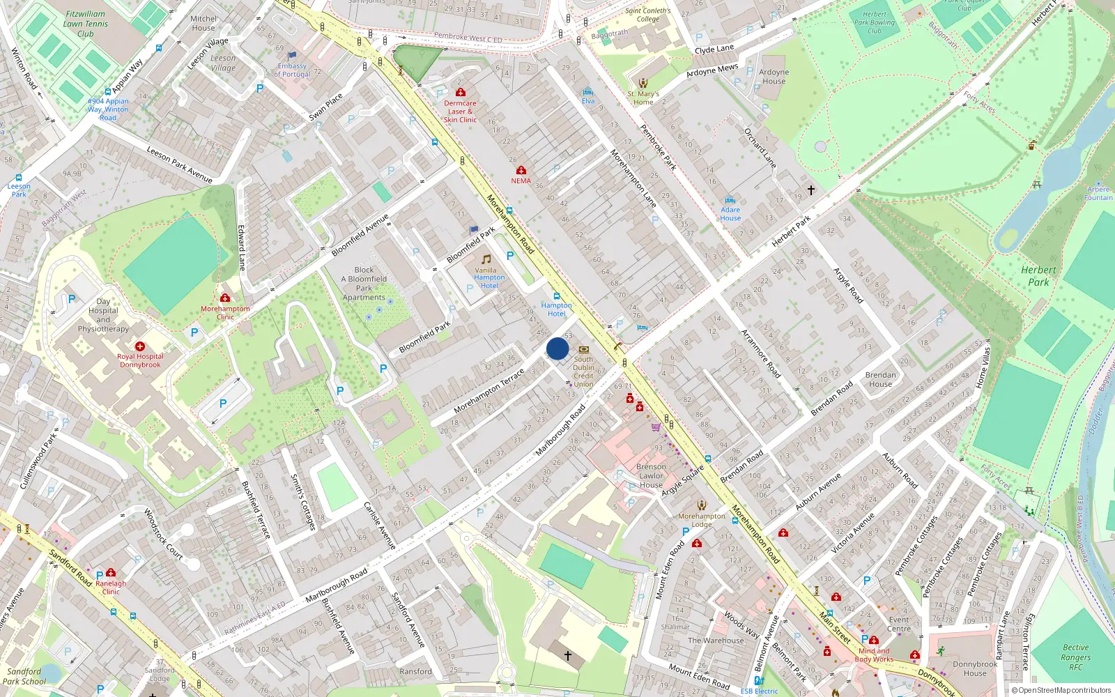 Overhead map showing the location of 40 Morehampton Terrace, Donnybrook