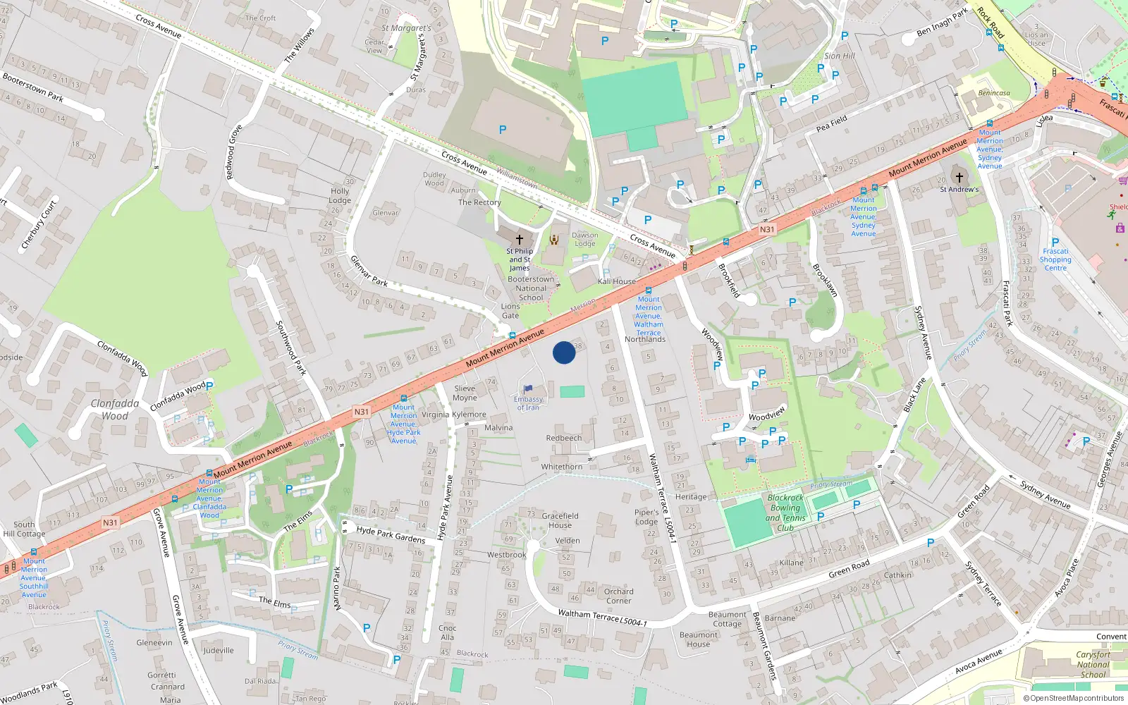 Overhead map showing the location of 40 Mount Merrion Avenue, Blackrock