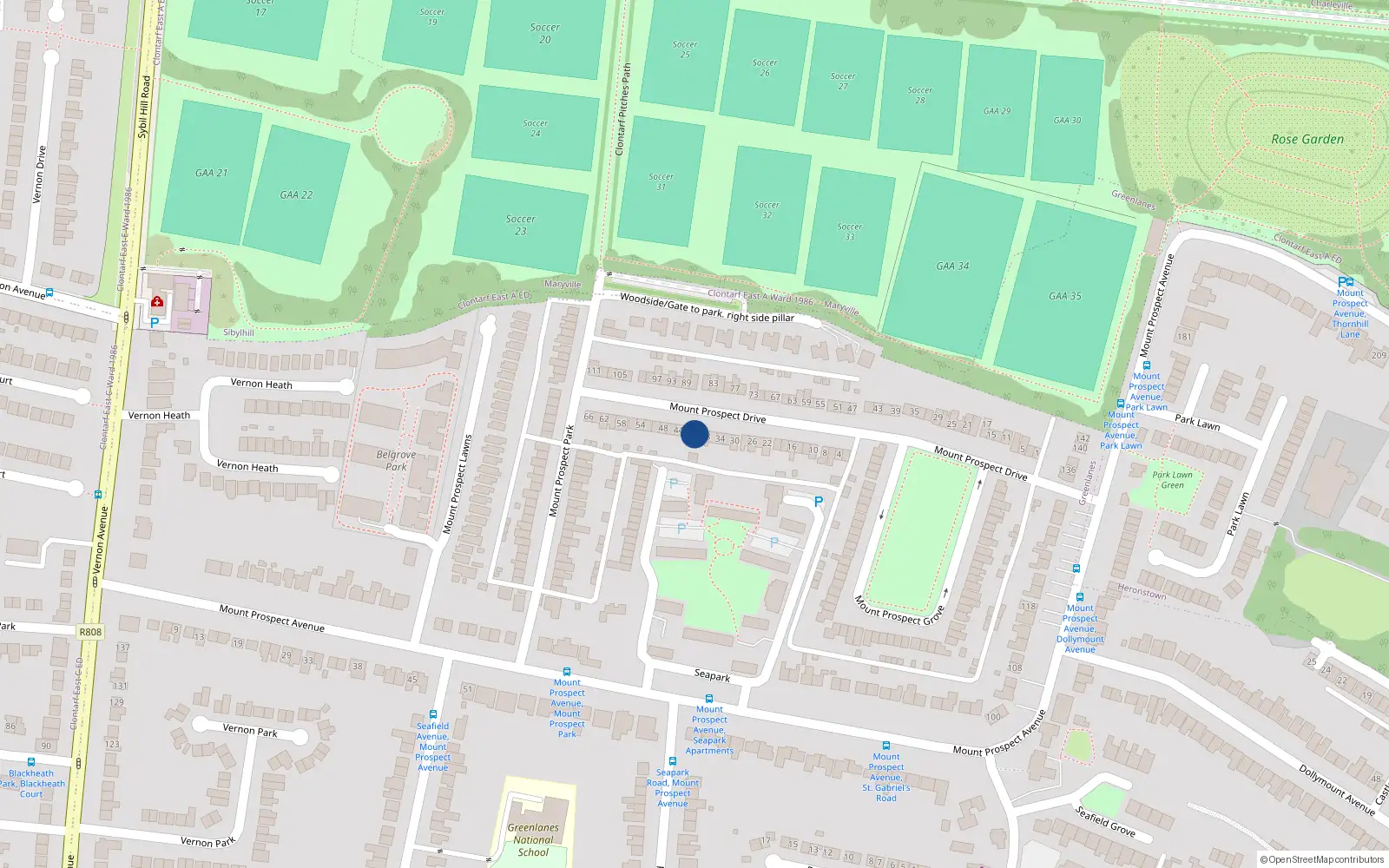Overhead map showing the location of 40 Mount Prospect Drive, Clontarf, Dublin 3