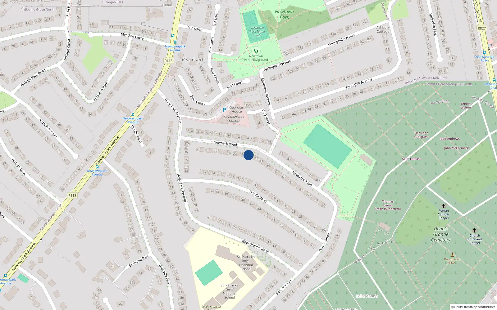 Overhead map showing the location of 40 New Park Road, Blackrock