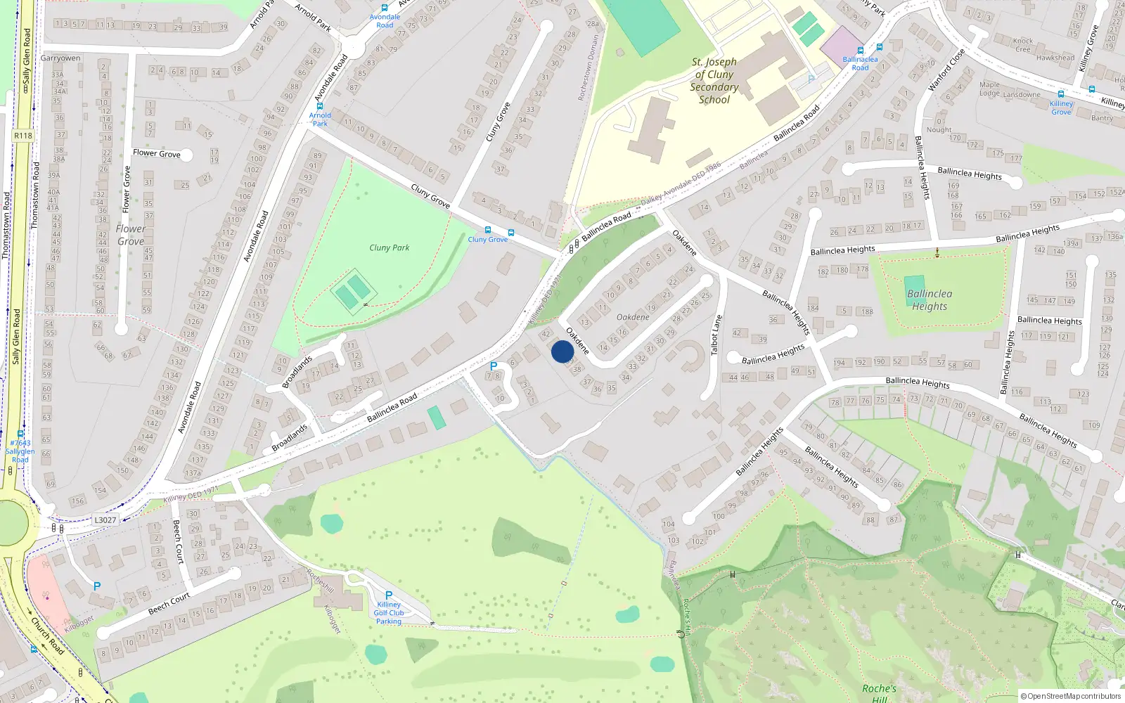 Overhead map showing the location of 40 Oakdene, Killiney