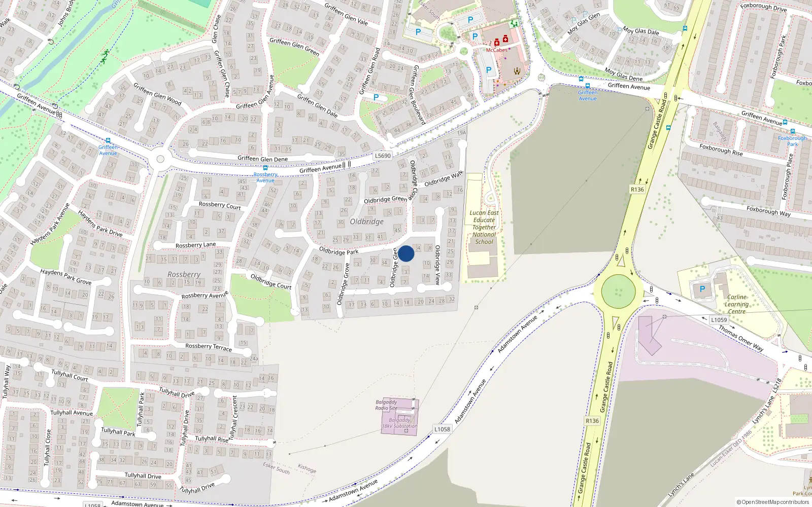Overhead map showing the location of 40 Oldbridge Park, Lucan