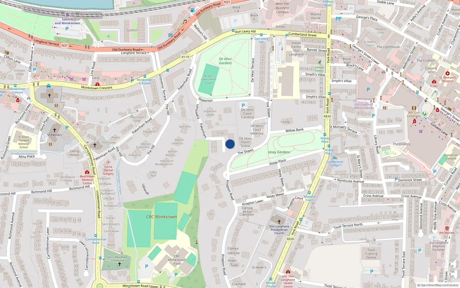 Overhead map showing the location of 40 Packenham Apts, Sloperton, Dun Laoghaire