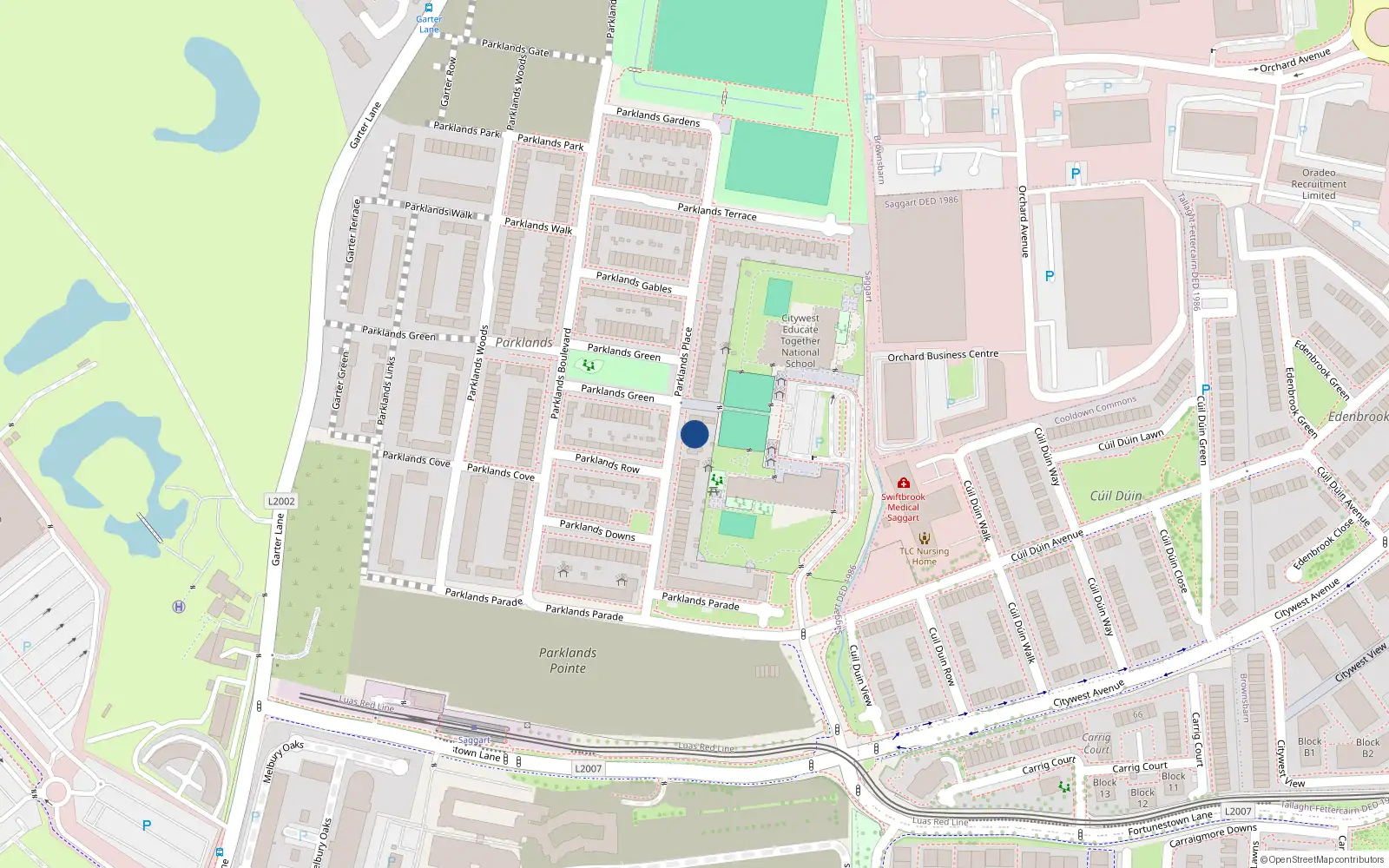 Overhead map showing the location of 40 Parklands Place, Saggart