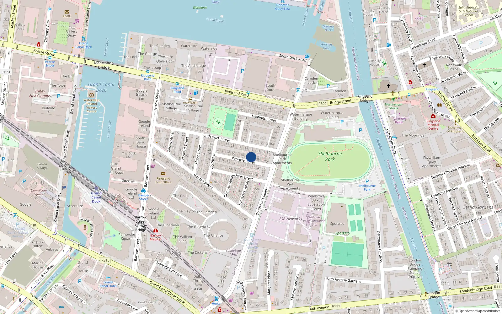 Overhead map showing the location of 40 Penrose Street, Dublin 4