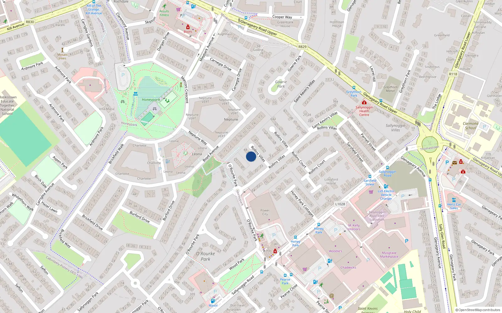 Overhead map showing the location of 40 Rollins Villas, Sallynoggin, Dublin