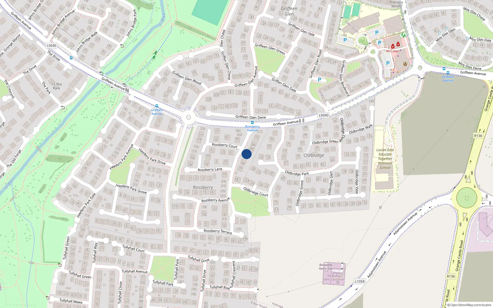 Overhead map showing the location of 40 Rossberry Avenue, Lucan