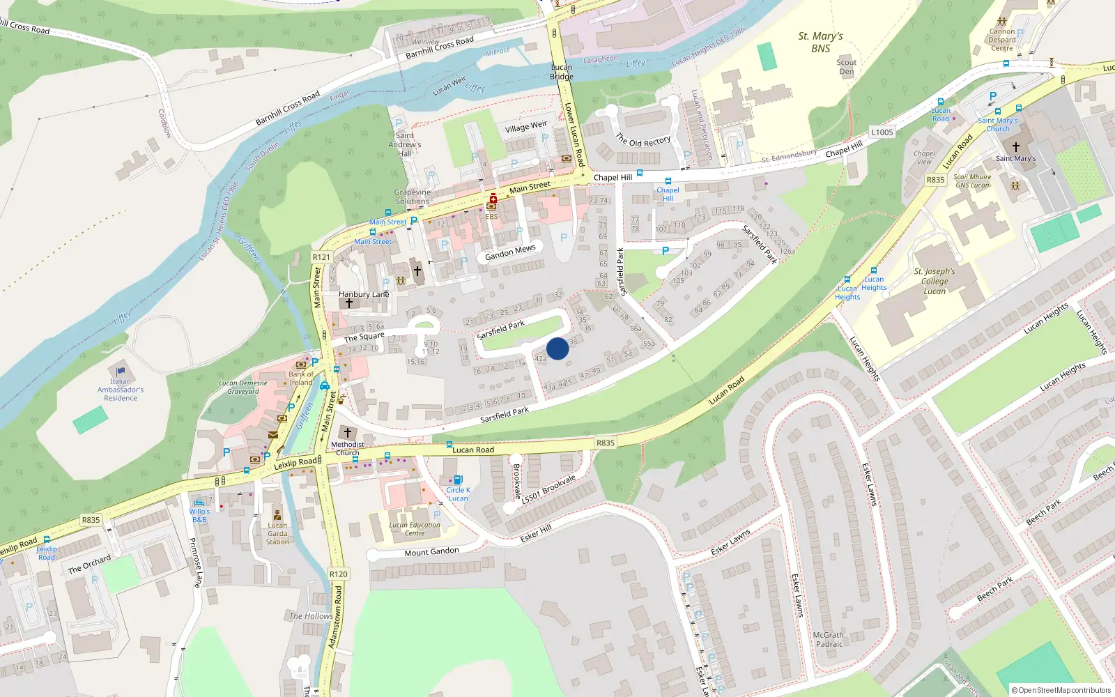 Overhead map showing the location of 40 Sarsfield Park, Lucan