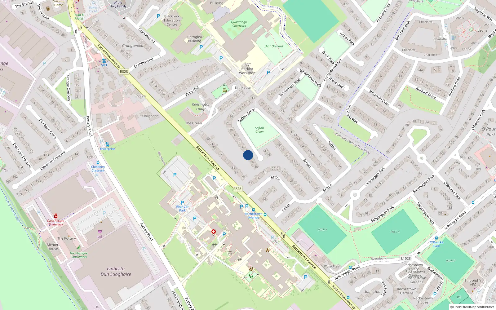 Overhead map showing the location of 40 Sefton Green, Rochestown Avenue, Dun Laoghaire