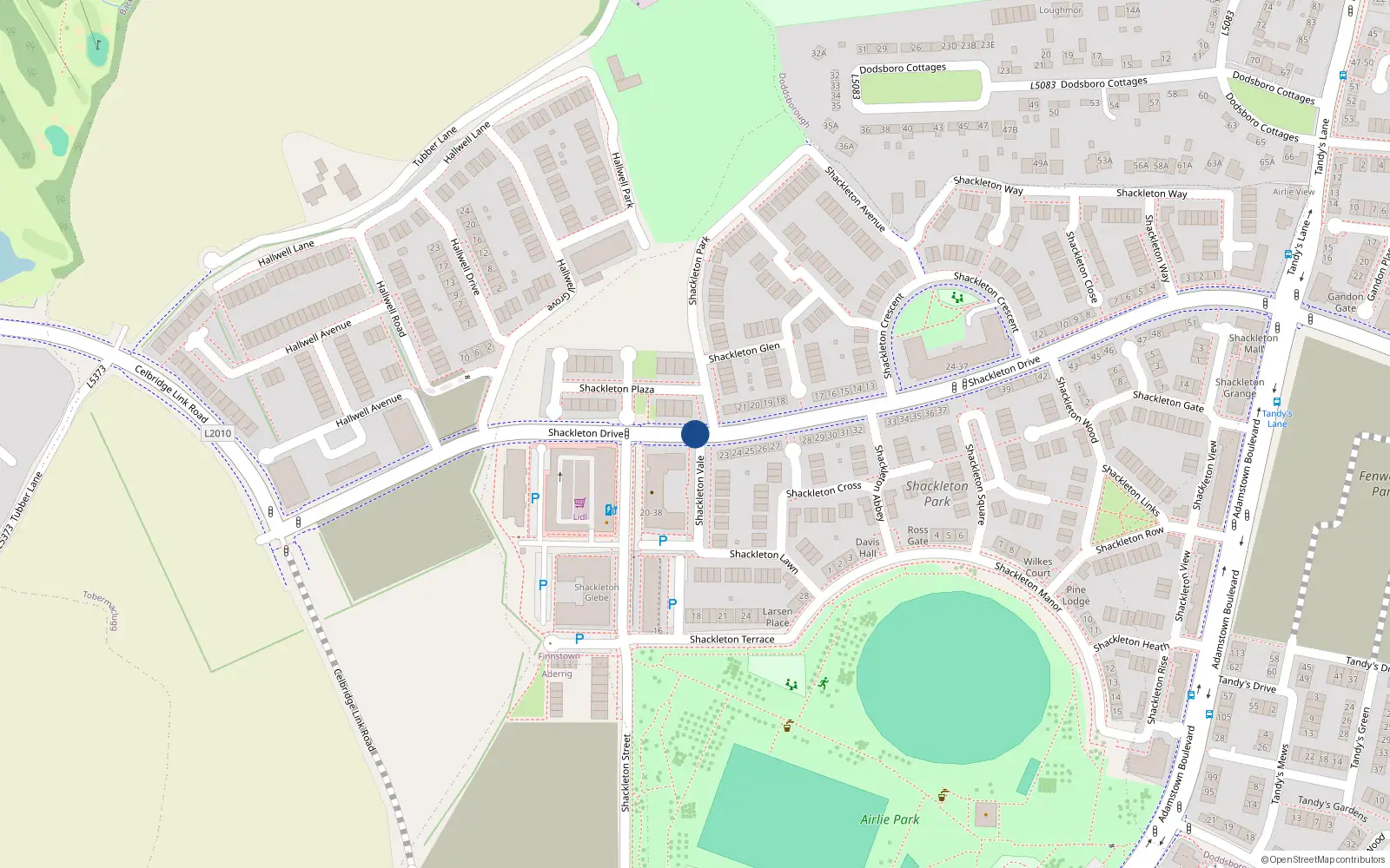 Overhead map showing the location of 40 Shackleton Drive, Finnstown