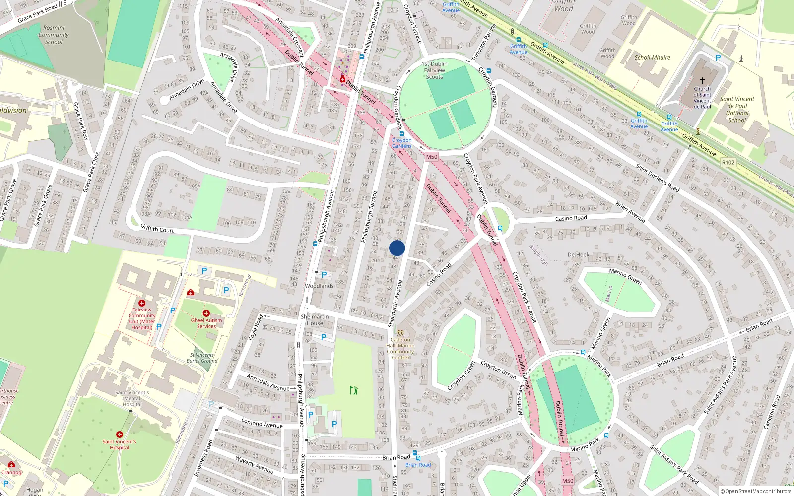 Overhead map showing the location of 40 Shelmartin Avenue, Fairview, Dublin City