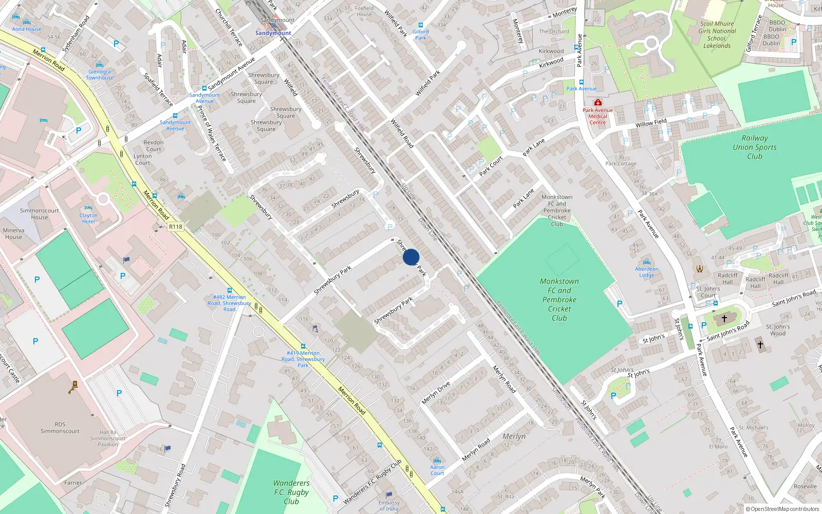 Overhead map showing the location of 40 Shrewsbury Park, Ballsbridge