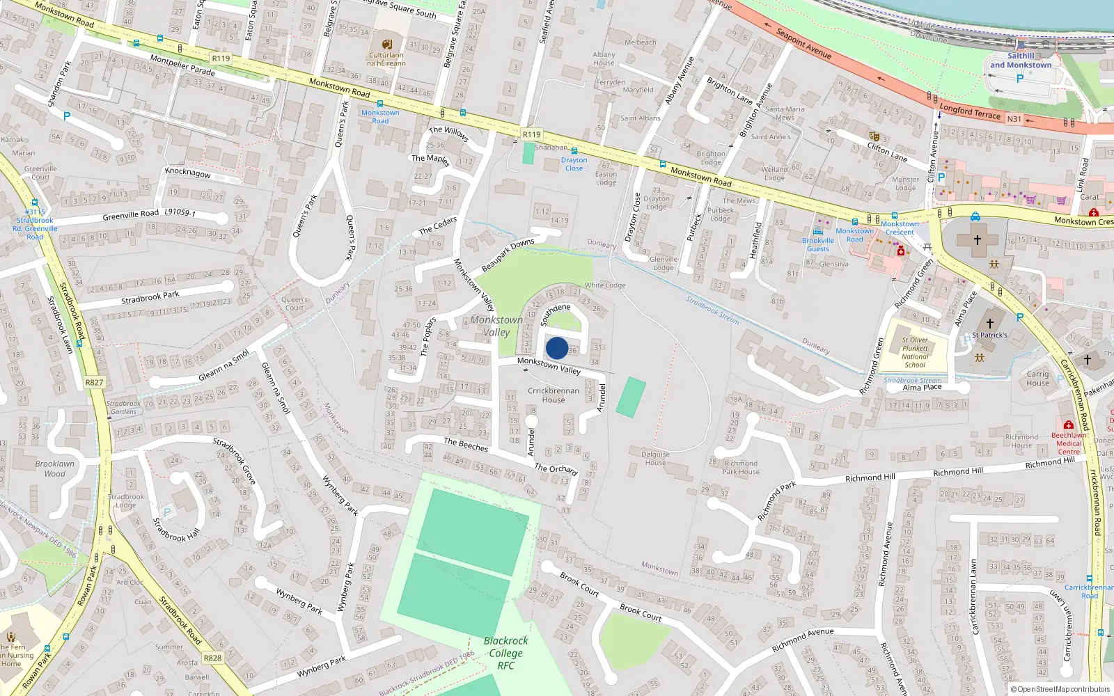 Overhead map showing the location of 40 Southdene, Monkstown
