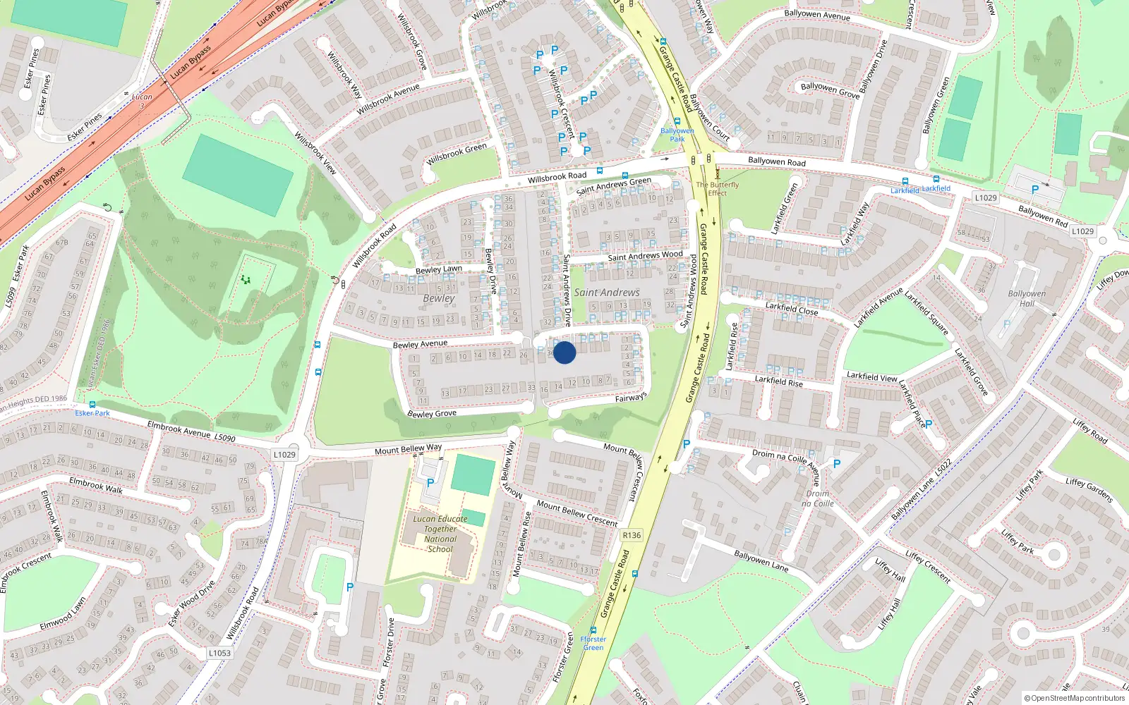 Overhead map showing the location of 40 St Andrews Drive, Lucan, Dublin