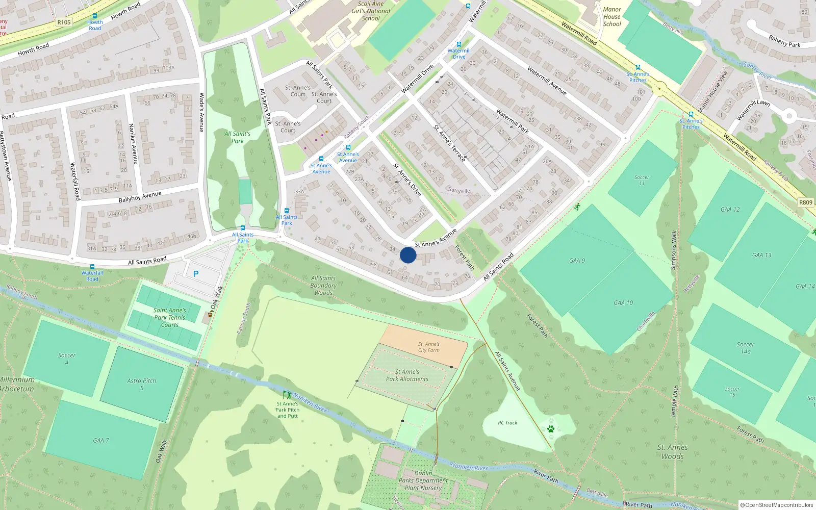 Overhead map showing the location of 40 St Annes Avenue, Raheny, Dublin 5