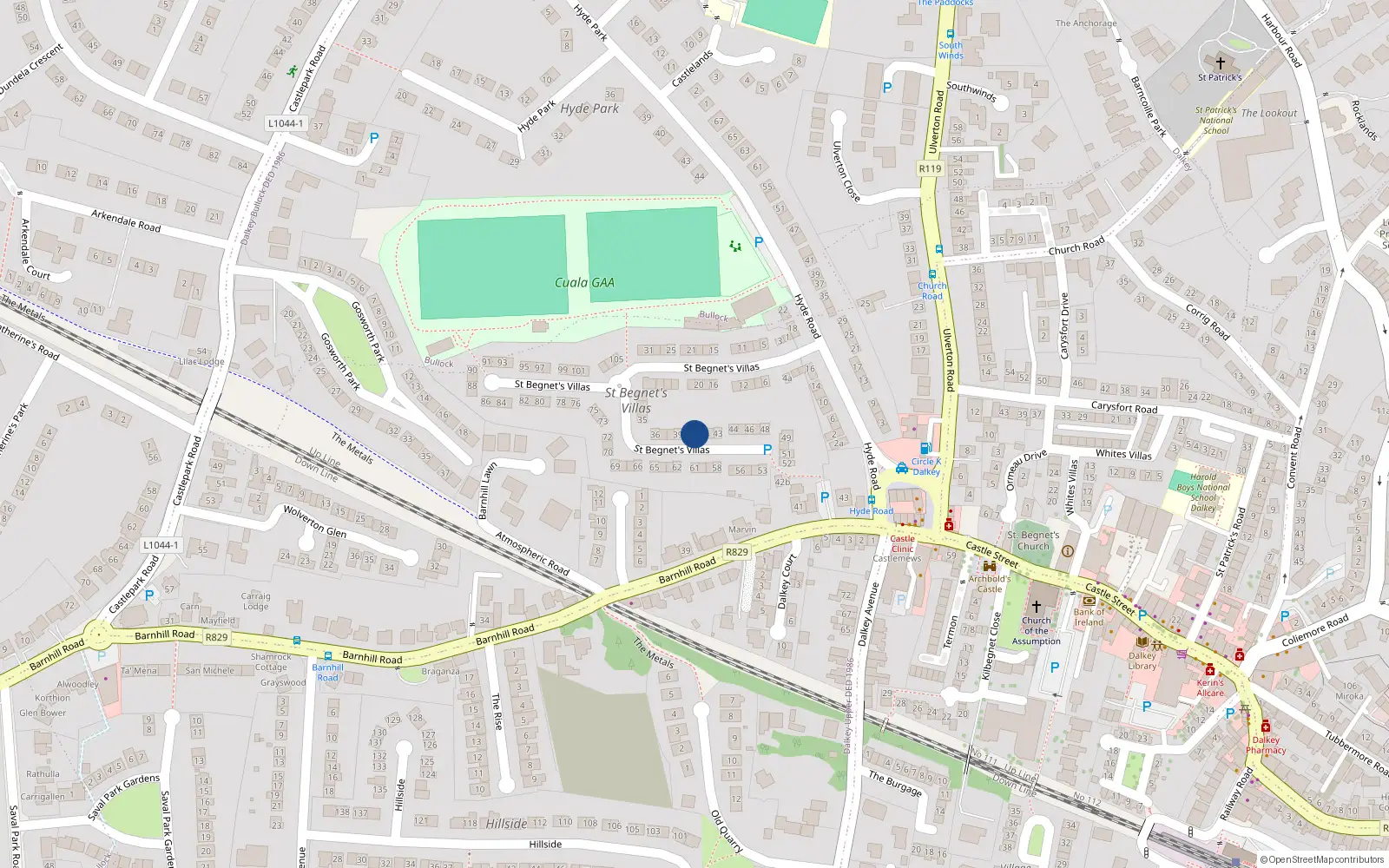 Overhead map showing the location of 40 St Begnets Villas, Dalkey, Dublin