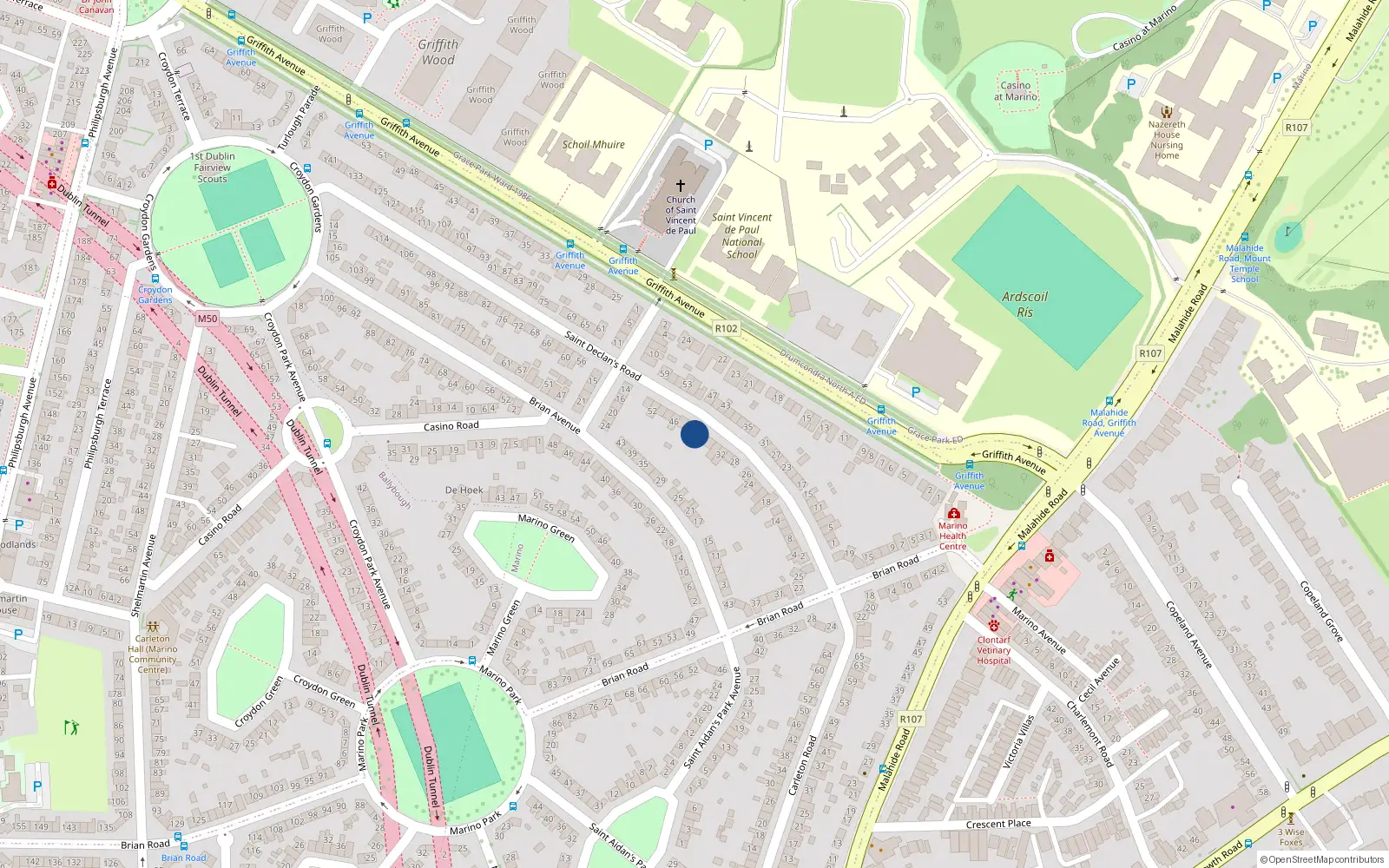 Overhead map showing the location of 40 St. Declans Road, Marino