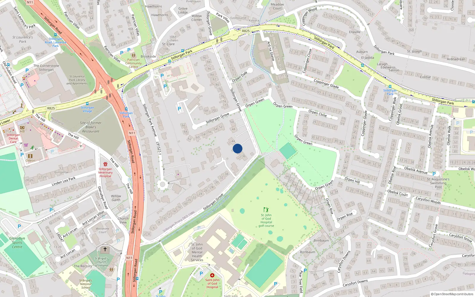 Overhead map showing the location of 40 Stillorgan Grove, Dublin