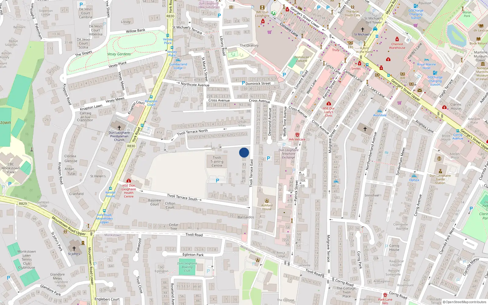 Overhead map showing the location of 40 Tivoli Terrace East, Dun Laoghaire, Dublin