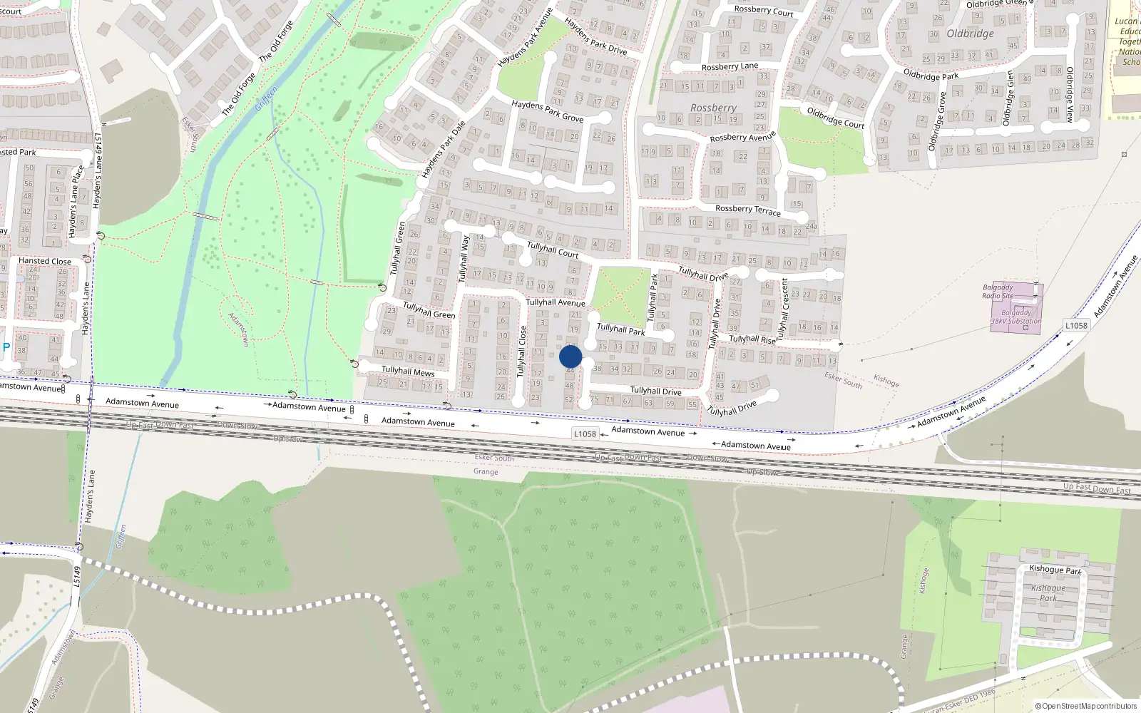 Overhead map showing the location of 40 Tullyhall Drive, Lucan