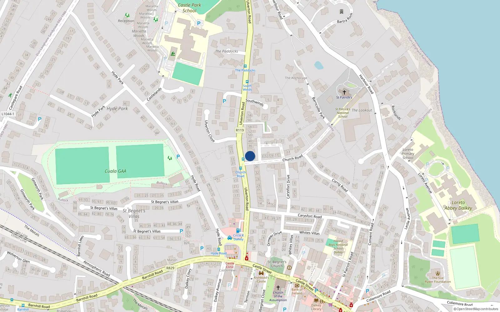 Overhead map showing the location of 40 Ulverton Road, Dalkey, Dublin