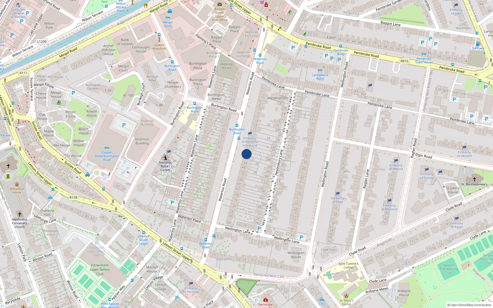 Overhead map showing the location of 40 Waterloo Road, Dublin