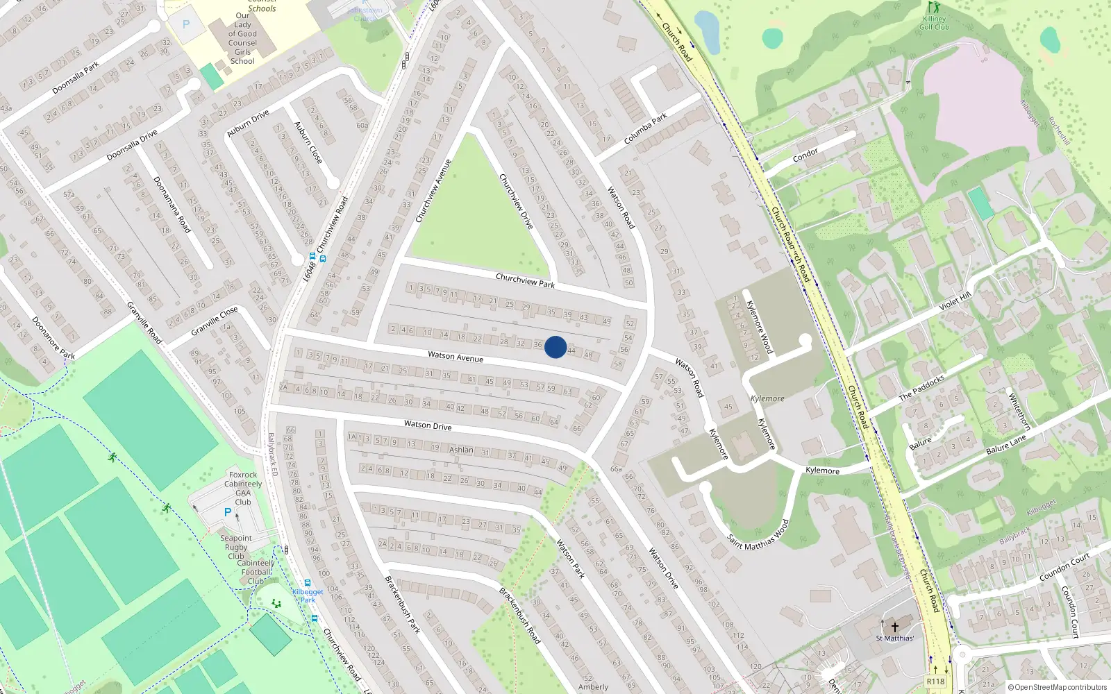 Overhead map showing the location of 40 Watson Avenue, Killiney