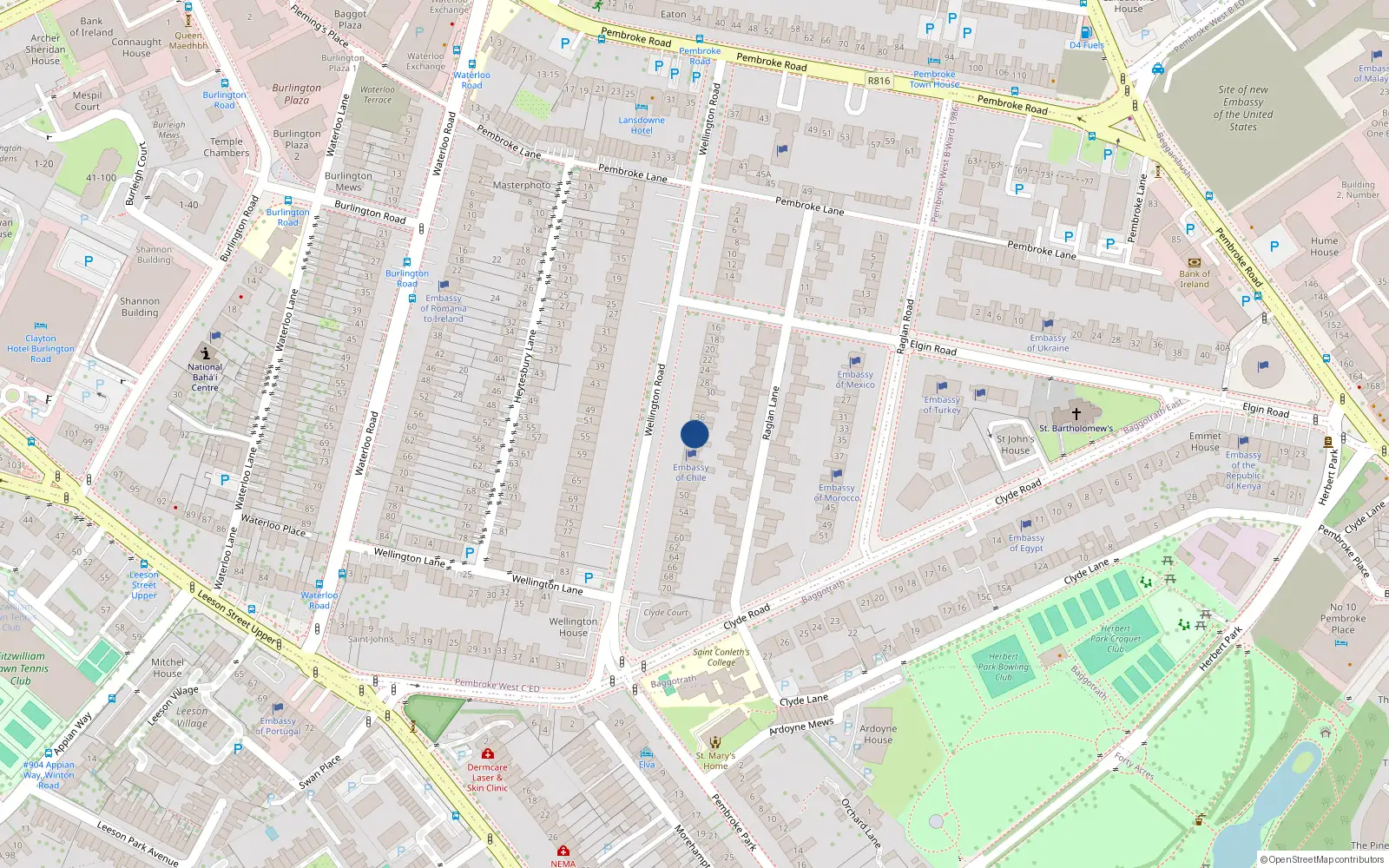 Overhead map showing the location of 40 Wellington Road, Dublin 4