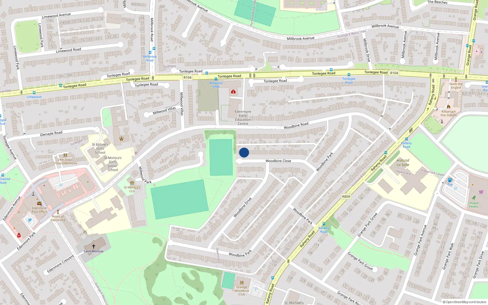 Overhead map showing the location of 40 Woodbine Close, Raheny, Dublin 5