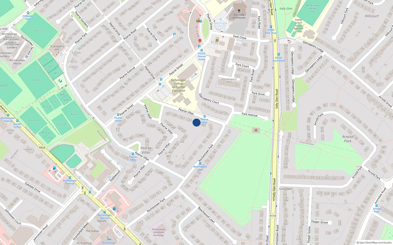 Overhead map showing the location of 409 Pearse Villas, Sallynoggin, Dublin