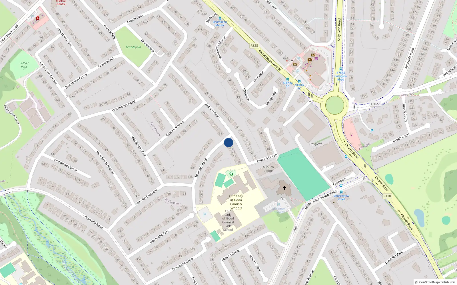 Overhead map showing the location of 40A Auburn Road, Dun Laoghaire, Dublin