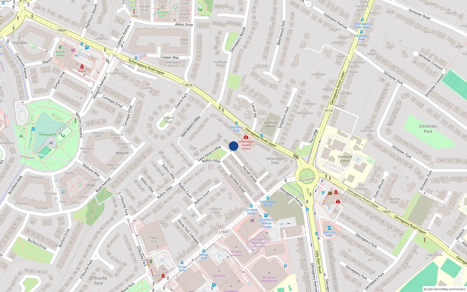 Overhead map showing the location of 40A St Kevins Villas, Sallynoggin, Dun Laoighaire