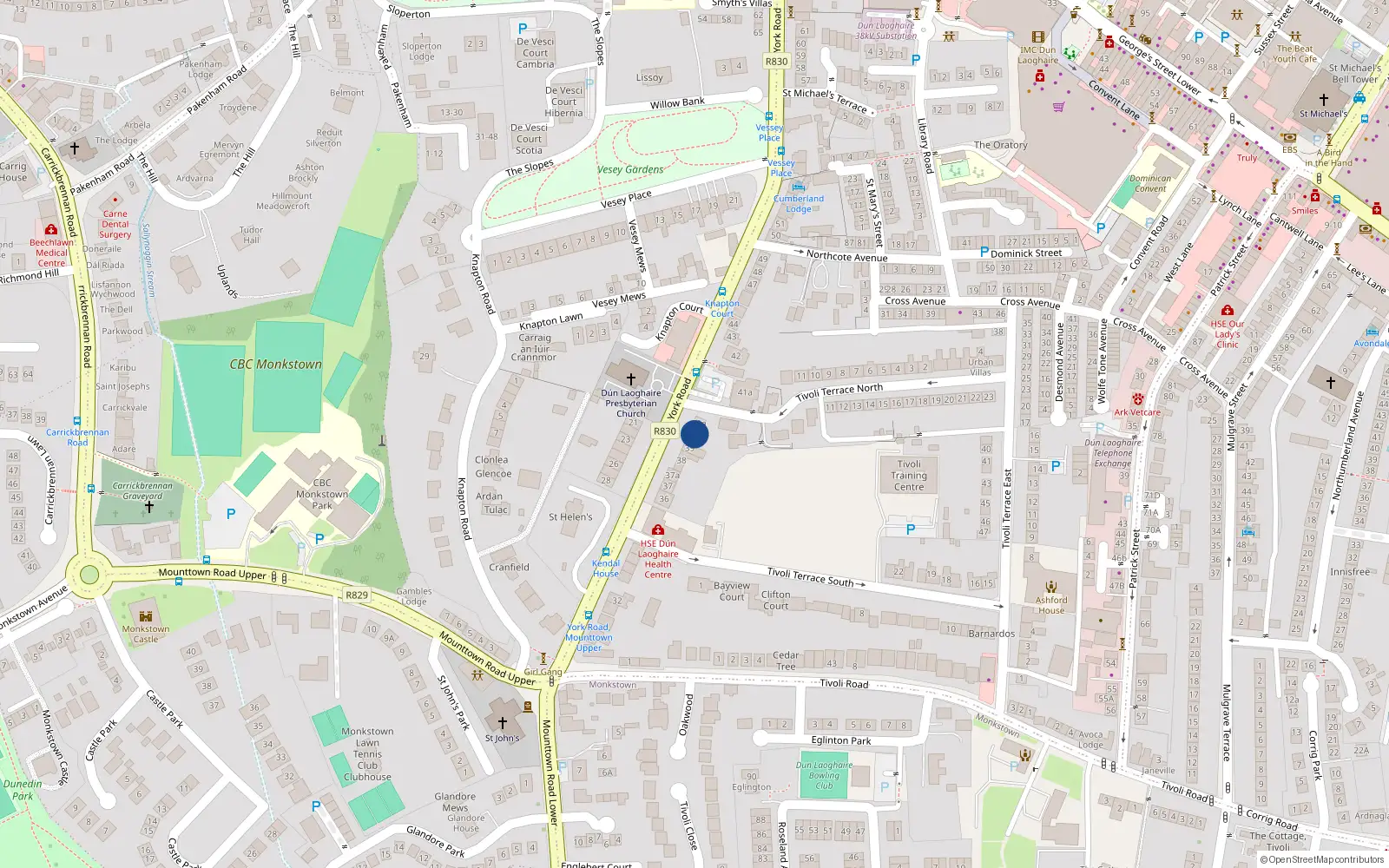 Overhead map showing the location of 40A York Road, Dublin
