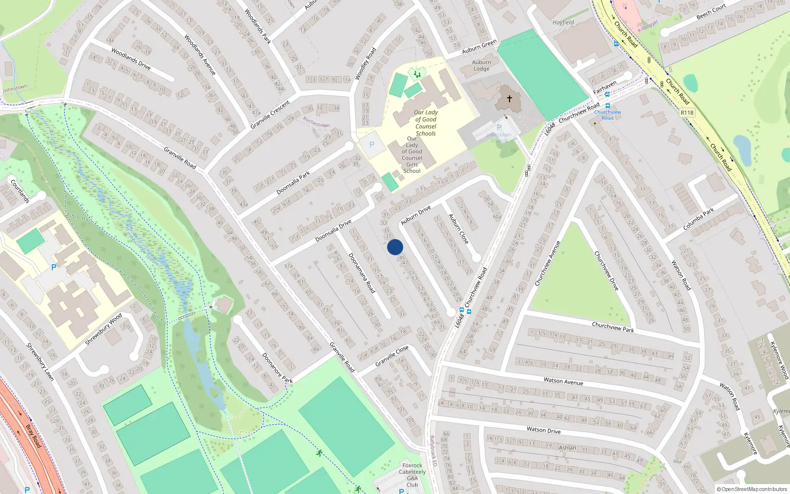 Overhead map showing the location of 41 Auburn Drive, Killiney, Dublin